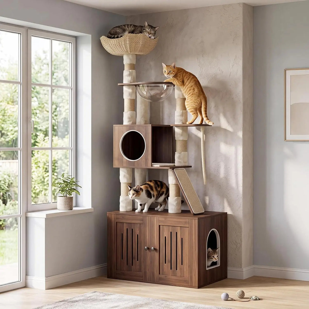 Tacleekii Multi Level Rattan Cat Condo With Space Capsule Design