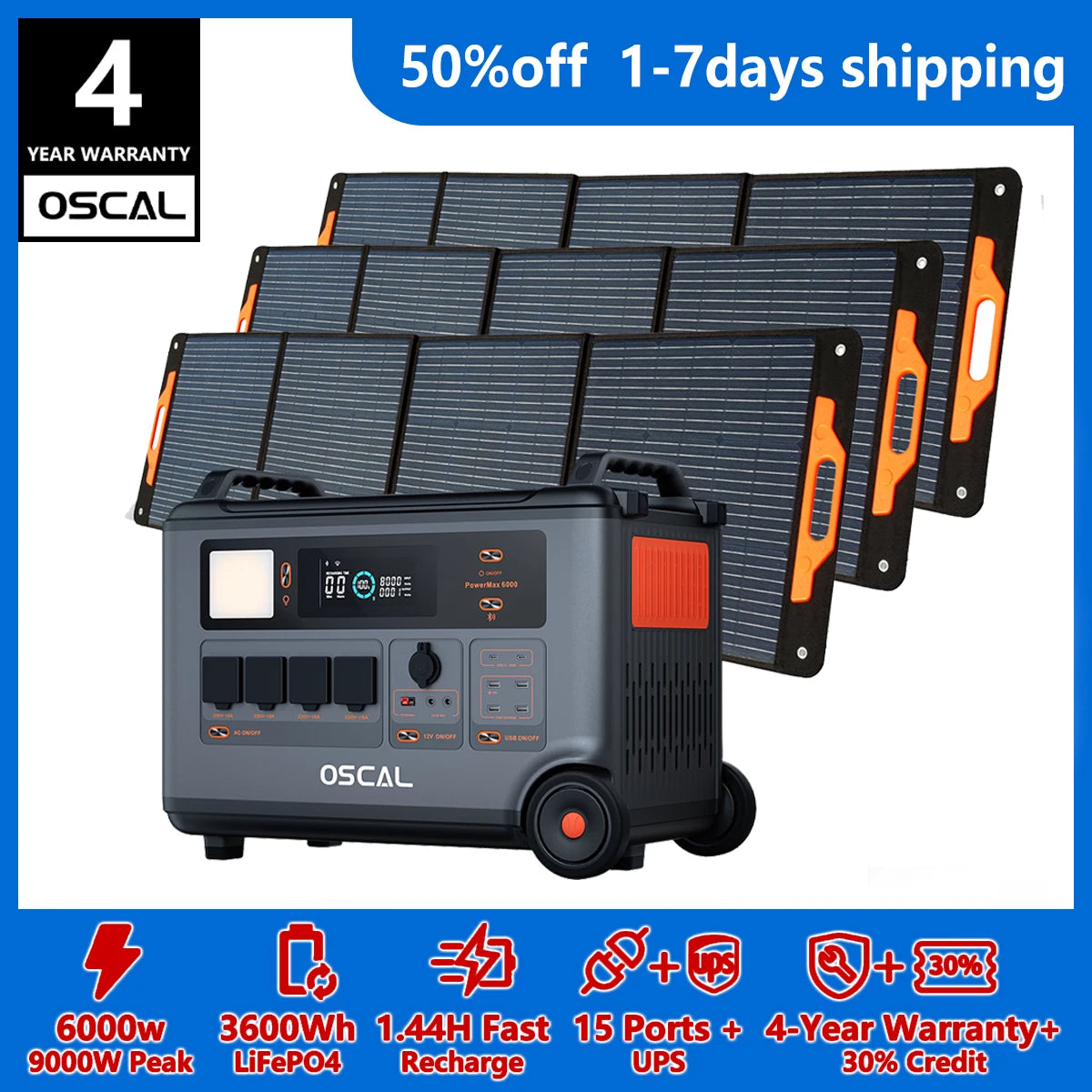OSCAL PowerMax 6000 Solar Generator With LiFePO4 Battery Station