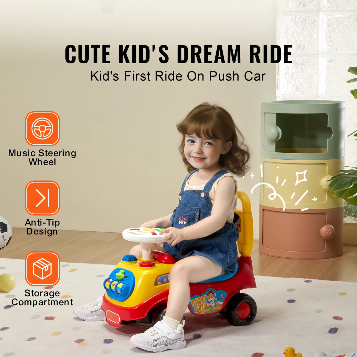 SucceBuy Toddler Ride On Push Car Sit to Stand Kids Ride On Toy Car W/ Music Steering Wheel Seat Storage for Toddlers Ages 1-3