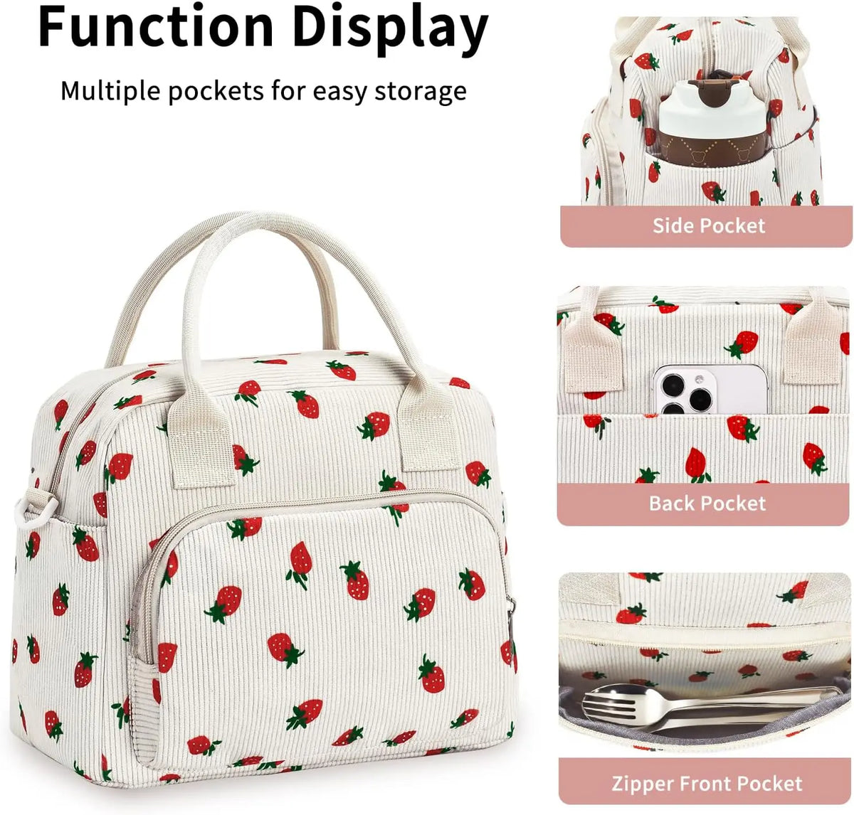 Strawberry Print Corduroy Insulated Lunch Bag With Shoulder Strap