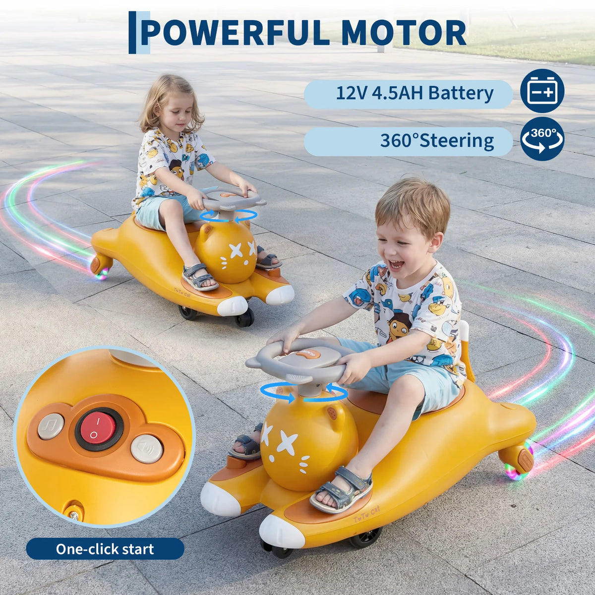 2-in-1 6V/12V Electric Wiggle Ride-On Car for Kids - Pedal Swing Car, 2 Speeds, 360° Steering, LED Flashing Wheels, wireless Music, Anti-Tip, Ages 3-6 - Mustard Yellow