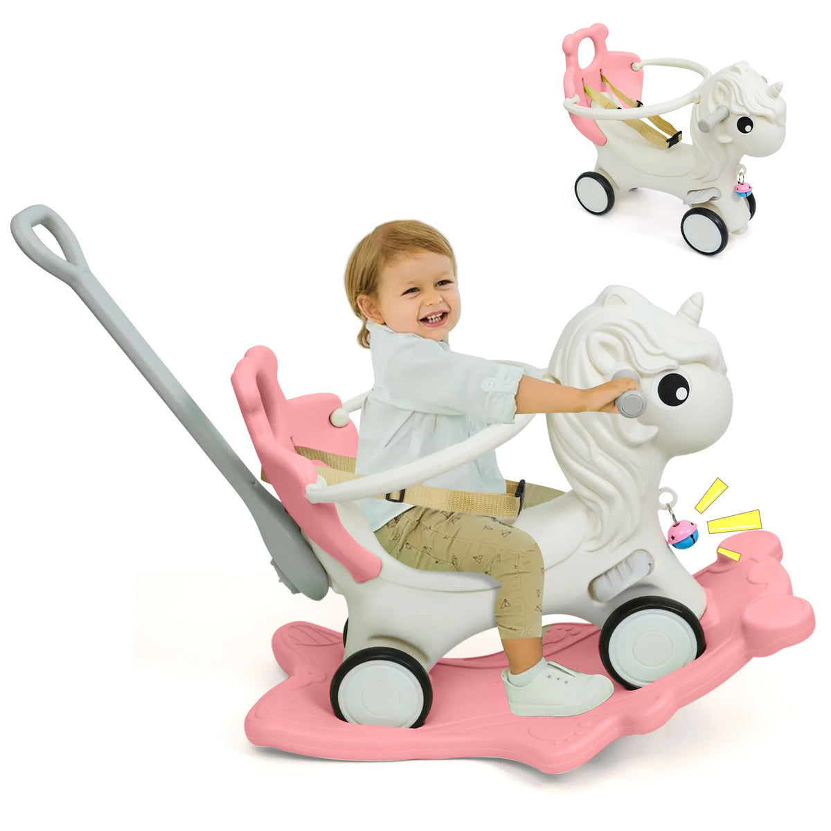 2 in 1 Toddler Rocking Horse, Unicorn Kids Ride On Toy with Safety Guardrail, Seat Belt & Wheels, Indoor Outdoor Play Gift for Boys Girls Ages 1-3