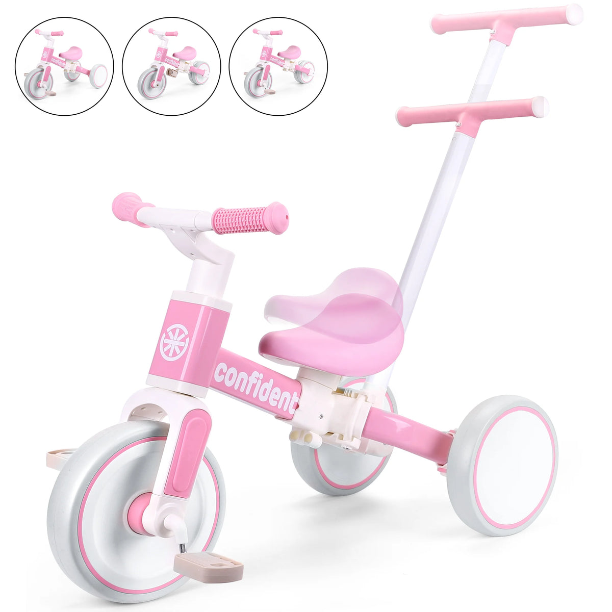 3 in 1 Toddler Tricycle with Push Handle, Pink Kids Balance Bike, Quiet EVA Wheels Carbon Steel Frame, Adjustable Seat Anti-slip Handlebar, Ride On Toy for Girls 1-4 Years Old