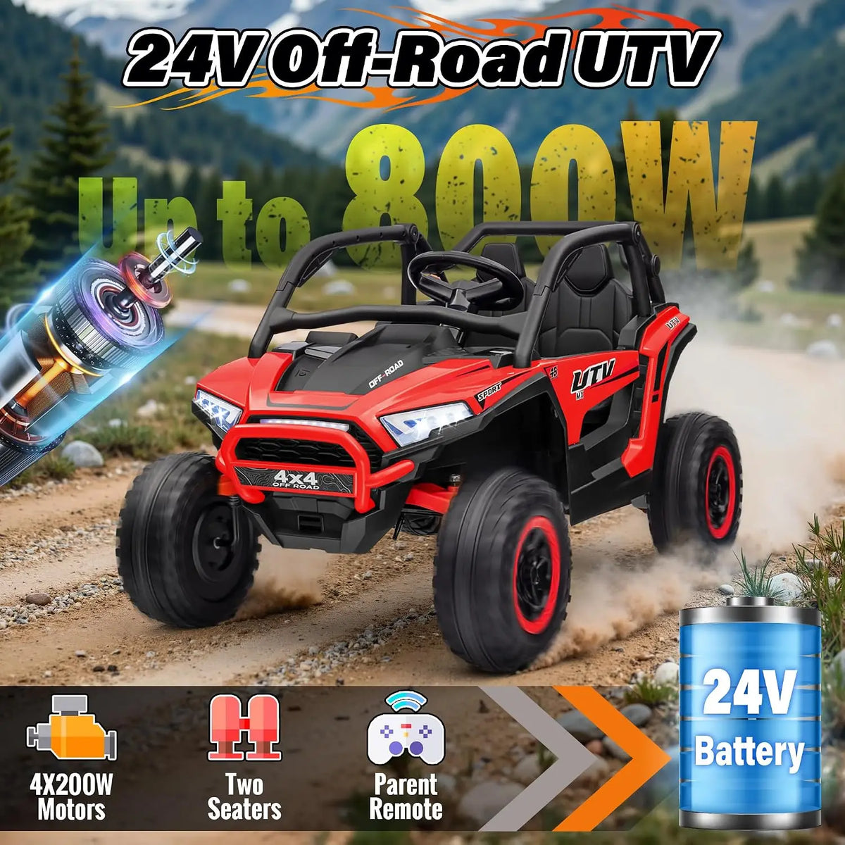24V 2 Seater Ride on Toys UTV for Kids W/Parent Remote Control, 7AH Kids Battery Powered Vehicles, Bluetooth Spring Suspension, Storage for Gift, Deep Red