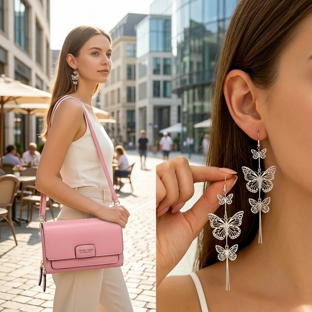 Elegant Women Crossbody Bag With Butterfly Drop Earrings