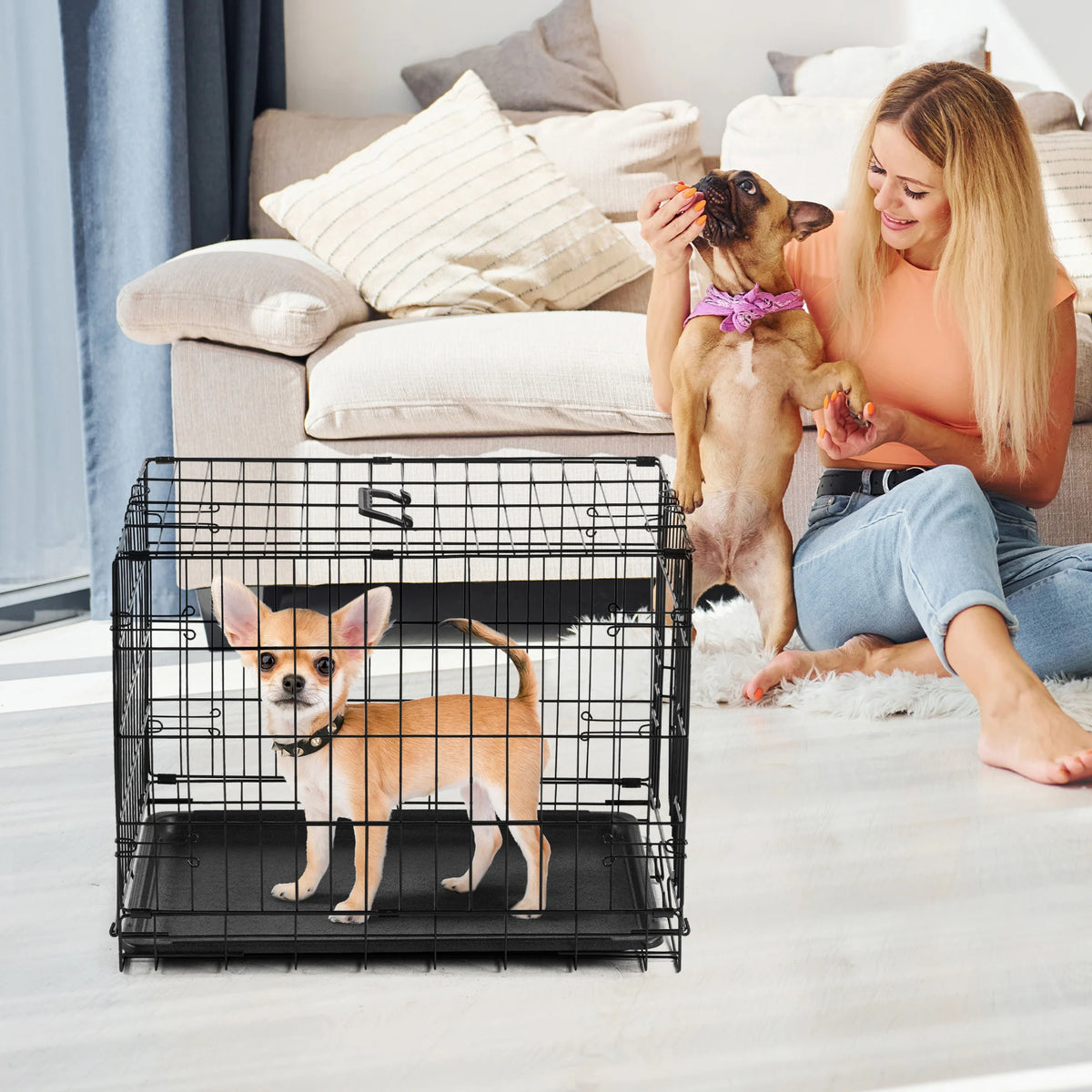 JHK Folding Metal Wire Dog Kennel With Plastic Pan