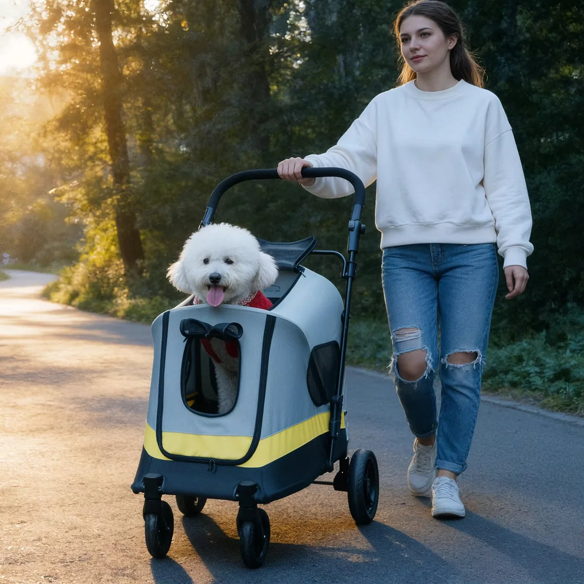 Four Wheeled Foldable Pet Stroller With Breathable Mesh Panels
