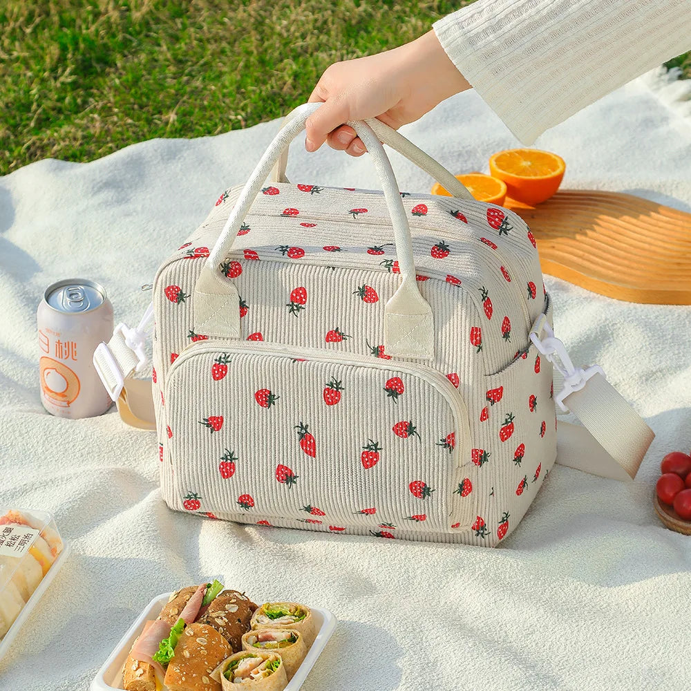 Strawberry Print Corduroy Insulated Lunch Bag With Shoulder Strap