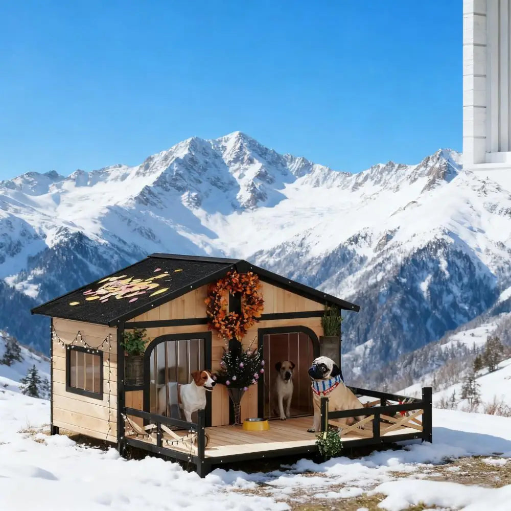 Elevated Wooden Dog House With Weatherproof Porch And Openable Roof