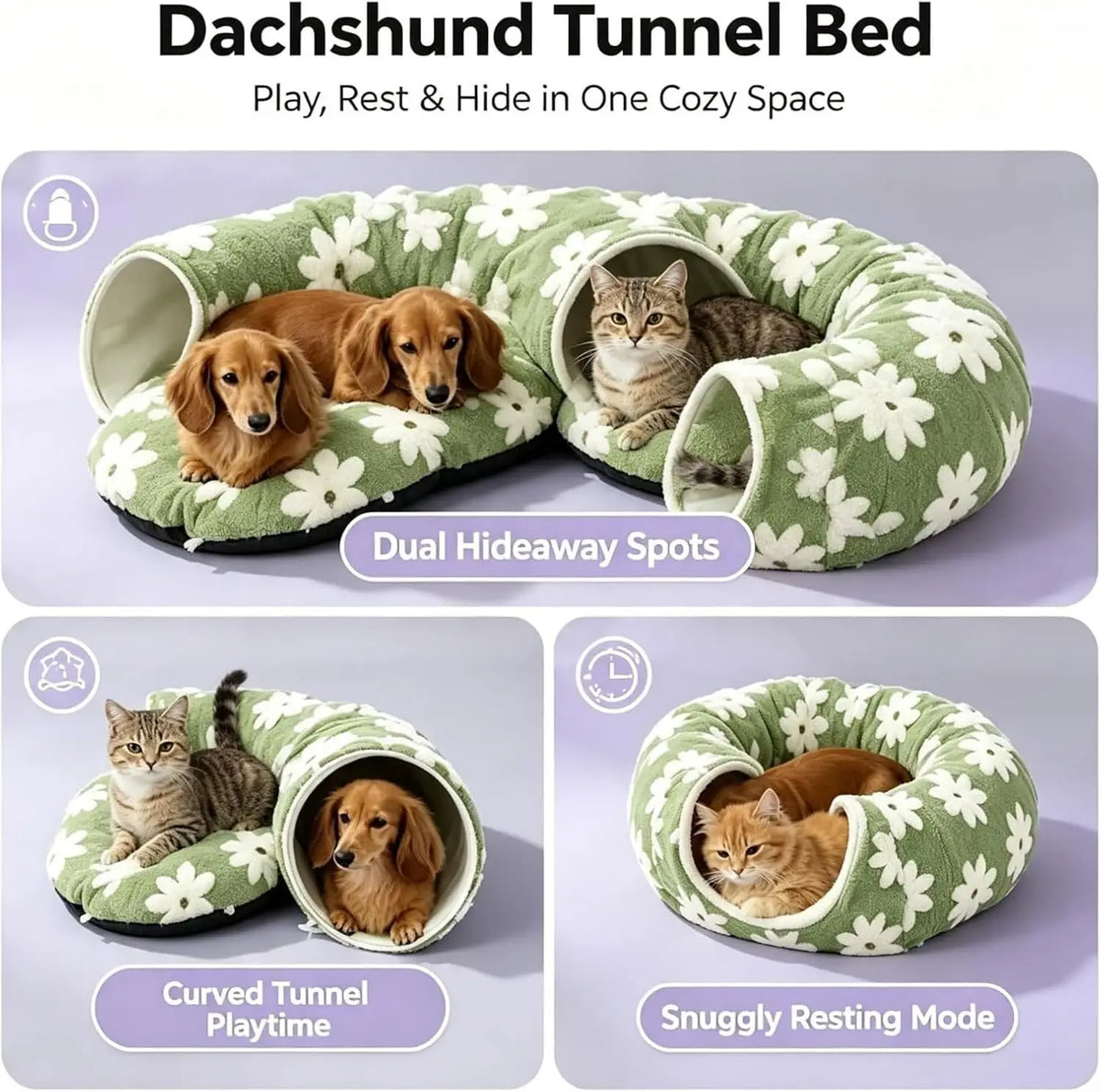 Flower Design Plush Foldable Dachshund Tunnel Dog Bed