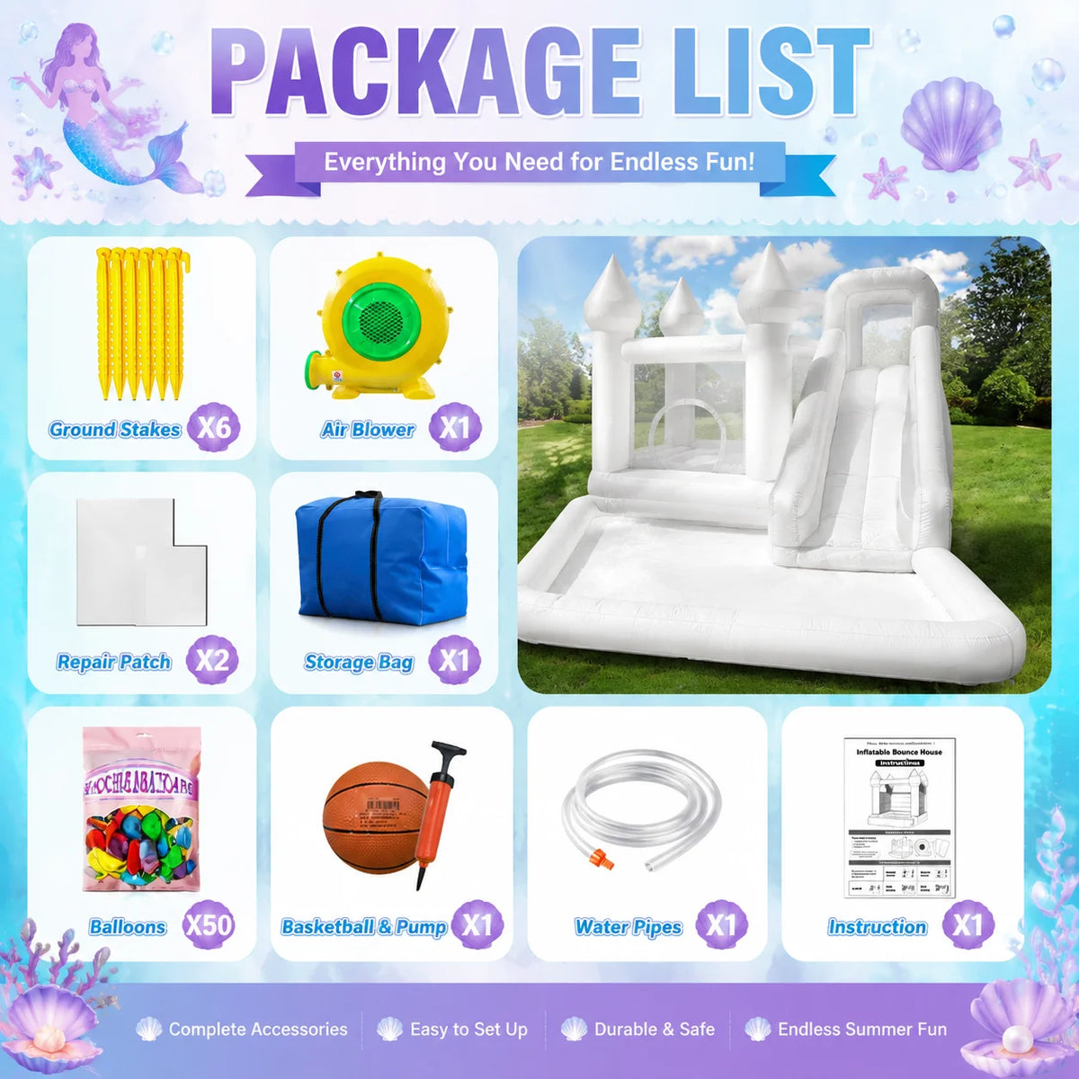 VANCEN 14FT Spire-Top Inflatable Bounce House White with Slide Large Ball Pit Middle Play Zone Portable Bouncy Castle for Kids Birthday/Party