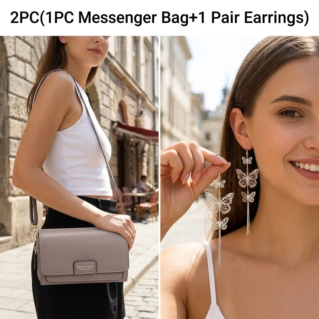 Elegant Women Crossbody Bag With Butterfly Drop Earrings