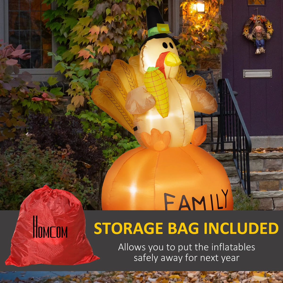 HOMCOM 4.9ft Inflatable Thanksgiving Decoration Turkey, Blow Up Outdoor LED Yard Display, Waterproof