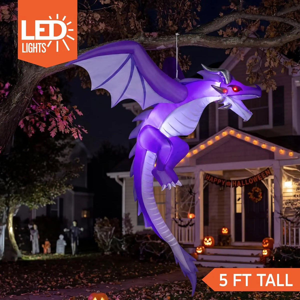 5FT Tall Halloween Inflatable Flying Purple Dragon Decoration with Built-in LED Lights Blow Up Flying Purple Dragon for Hanging Porch Tree Eave Yard Lawn Garden, Spooky Halloween Decor