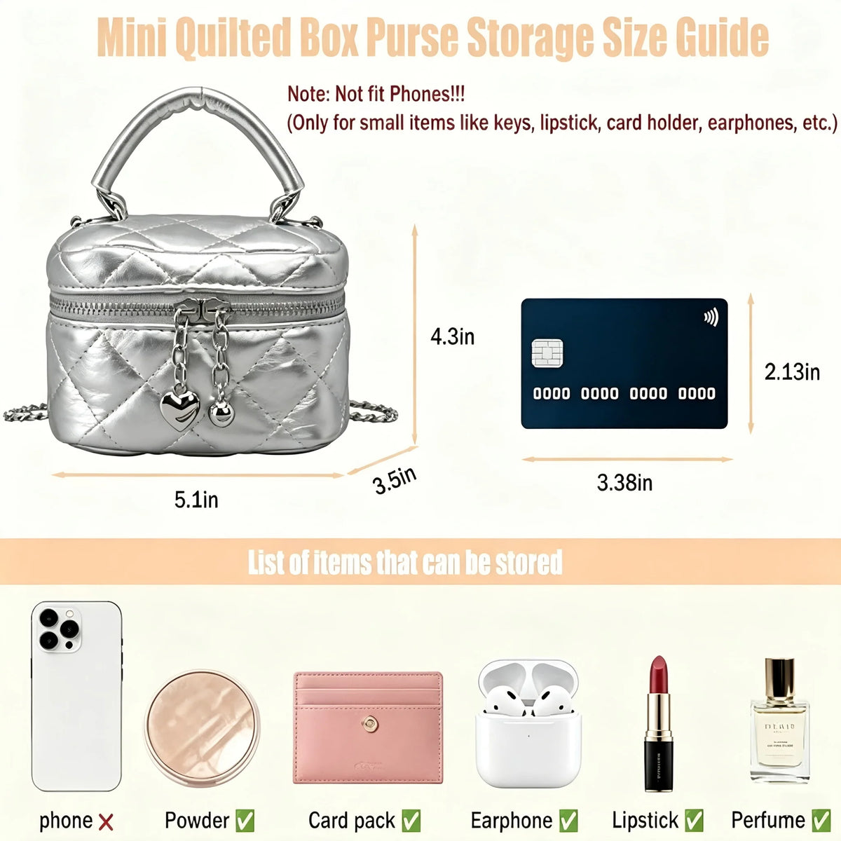 Quilted Metallic Crossbody Bag With Heart Charm Pendant