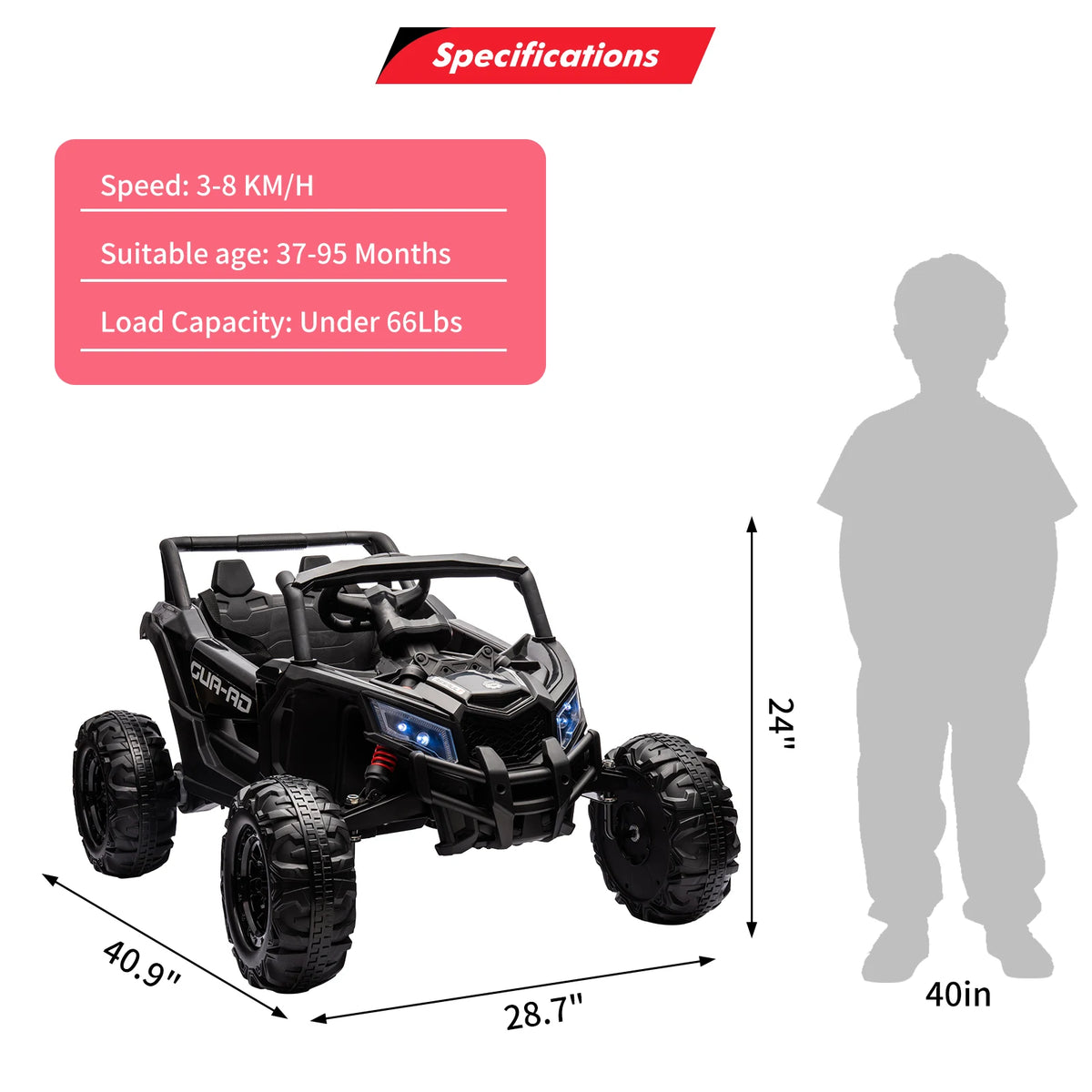 24V Kids Ride On UTV Car With Remote Control, Dual Motors, EVA Tires, Spring Suspension, LED Lights, USB Music, 2 Seat Electric Toy