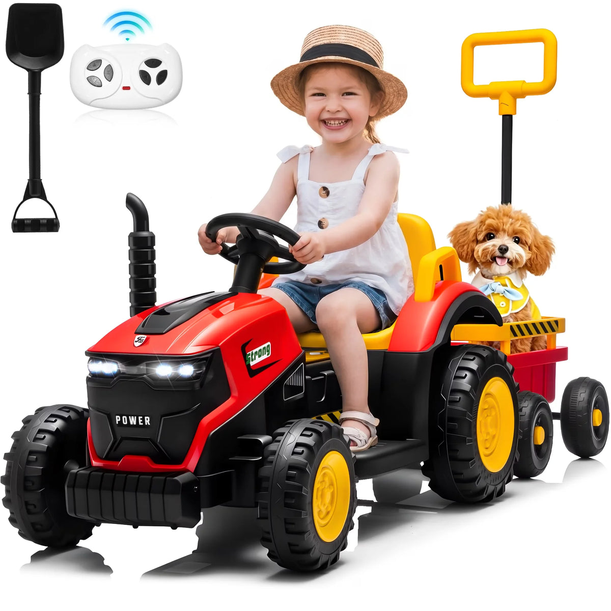 12V Kids Electric Ride On Tractor With Removable Trailer, Remote Control & Manual Drive 2 Modes, Bluetooth Music LED Light, Children Farm Ride‑on Car Toy Holiday Gift for Kids Boys Girls
