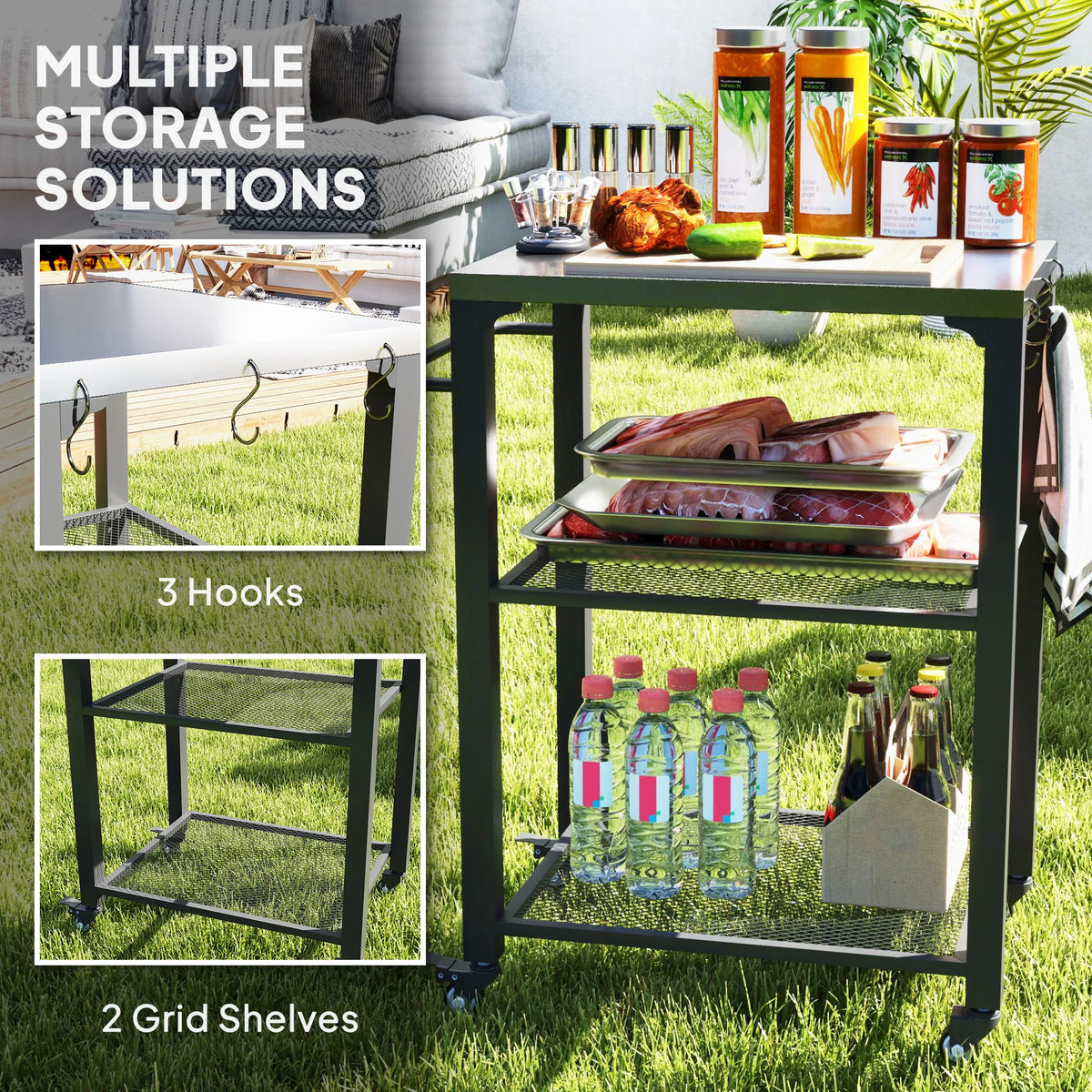 Outsunny Stainless Steel Outdoor Movable Grill Cart Food Prep Table