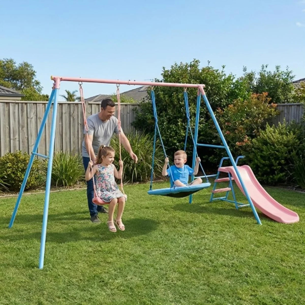 Kids Outdoor Double Swing Set With Slide For Playgrounds