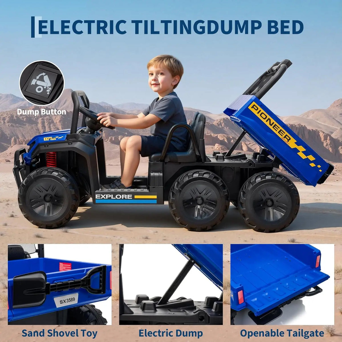 24V 4WD 2 Seater Kids Ride On Dump Truck with Remote Control, 3 Speed Adjustable, Functional Dump Bed & Built-in Music, Electric Ride On Vehicle Toy Gift for Boys Girls