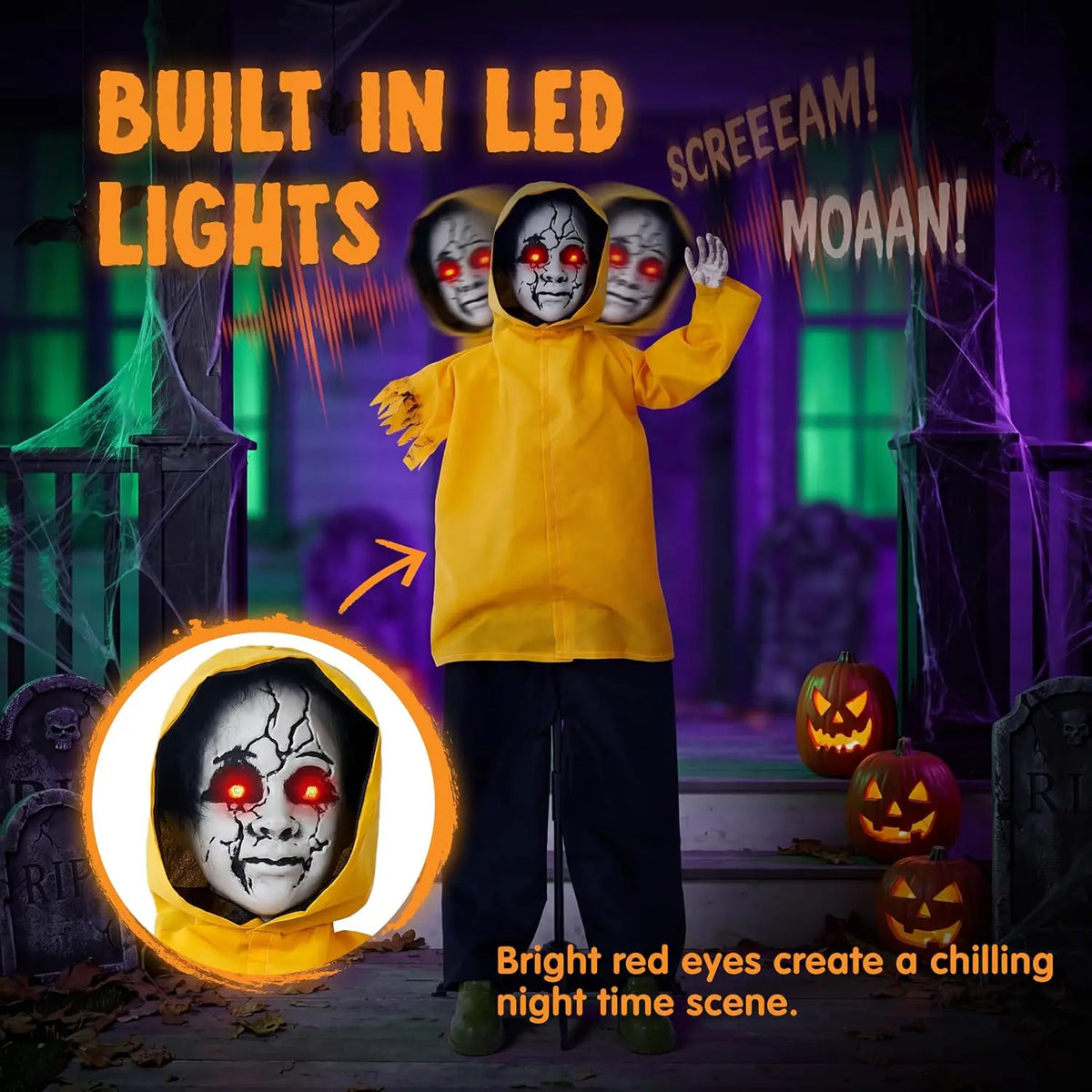 49" Life Size Halloween Animatronics Ghost Halloween Decorations Outdoor Ghost Decor Sound Activated with Glowing Eyes, Scary Haunted House Props for Garden Yard Lawn