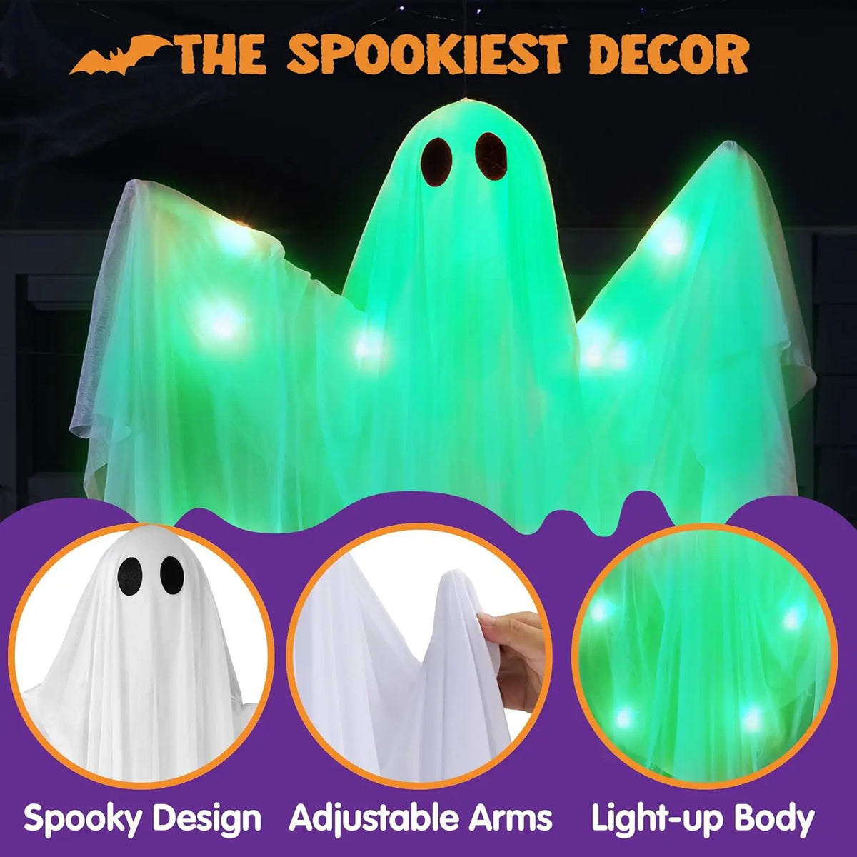 47” Halloween Hanging White Ghost Halloween Hanging Light up Ghost with Spooky Green Blue Purple LED Light Decoration for Front Yard Patio Lawn Garden Party Decor Indoor Outdoor