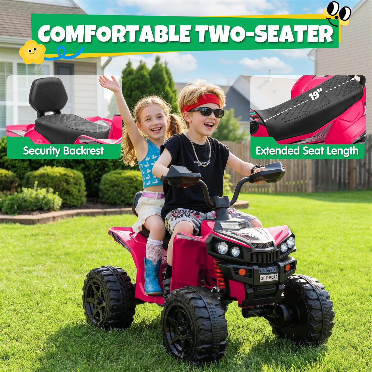 24V 4*200W Kids Ride On ATV Quad, 2 Seater Electric Off-Road Vehicle with Bluetooth, LED Lights, 3 Speeds, for Boys Girls