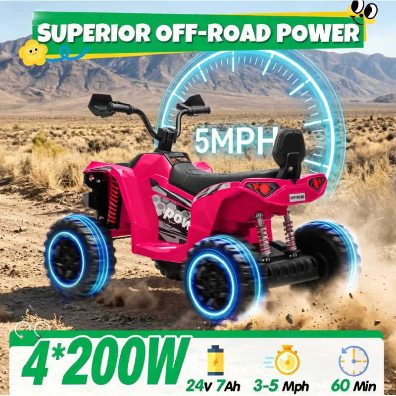 24V 4*200W Kids Ride On ATV Quad, 2 Seater Electric Off-Road Vehicle with Bluetooth, LED Lights, 3 Speeds, for Boys Girls