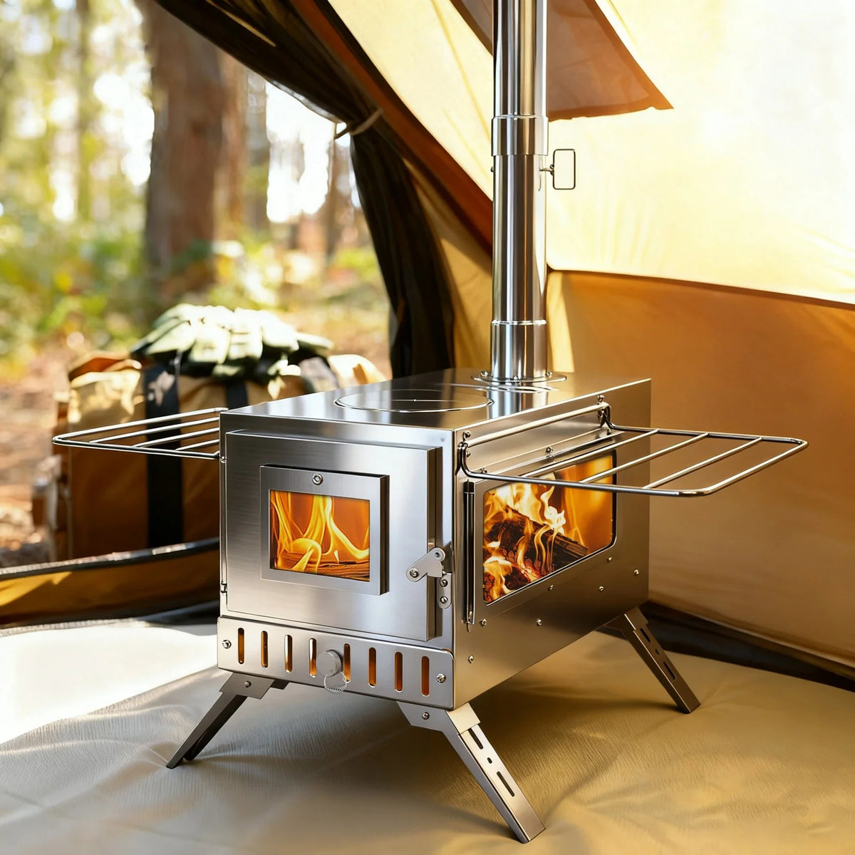 Portable Stainless Steel Stove with 7 Chimney Pipes for Camping