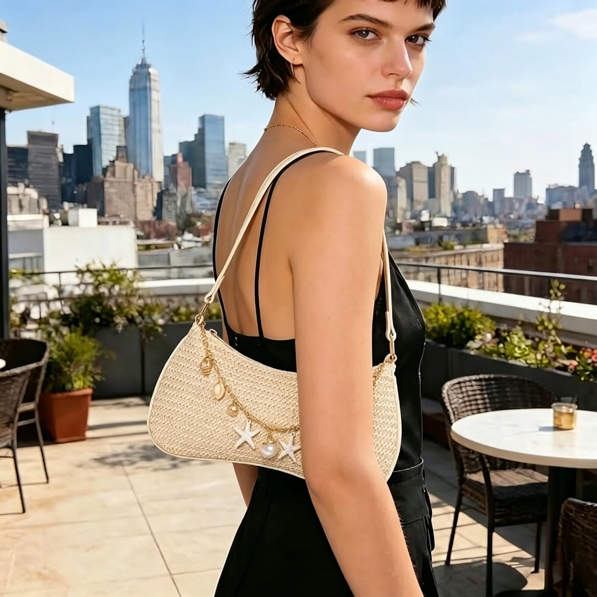 Women Woven Linen Shoulder Bag With Pearl Pendant Clasp