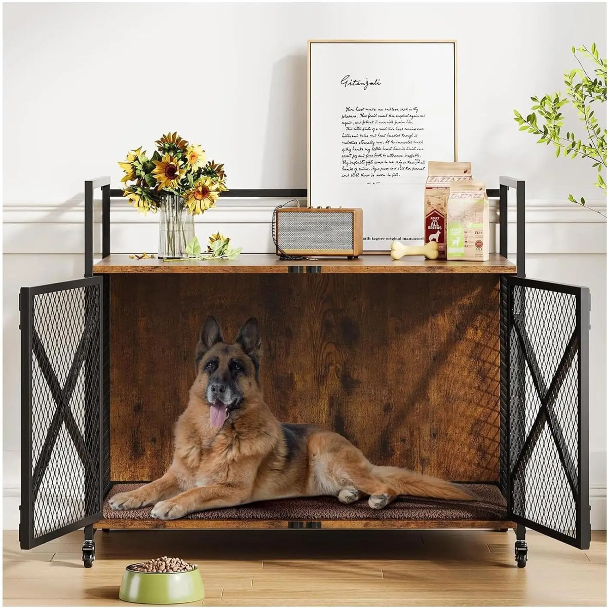 Garvee Heavy Duty Rolling Dog Crate Furniture With Double Doors