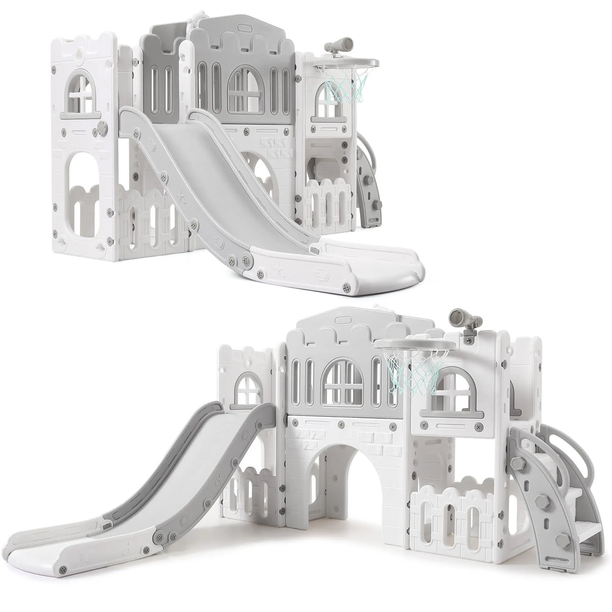 8 In 1 Toddler Slide Indoor Outdoor Playset Kids Climber Crawl Tunnel Basketball Hoop Telescope Steering Wheel Toy Storage Ages 1-3