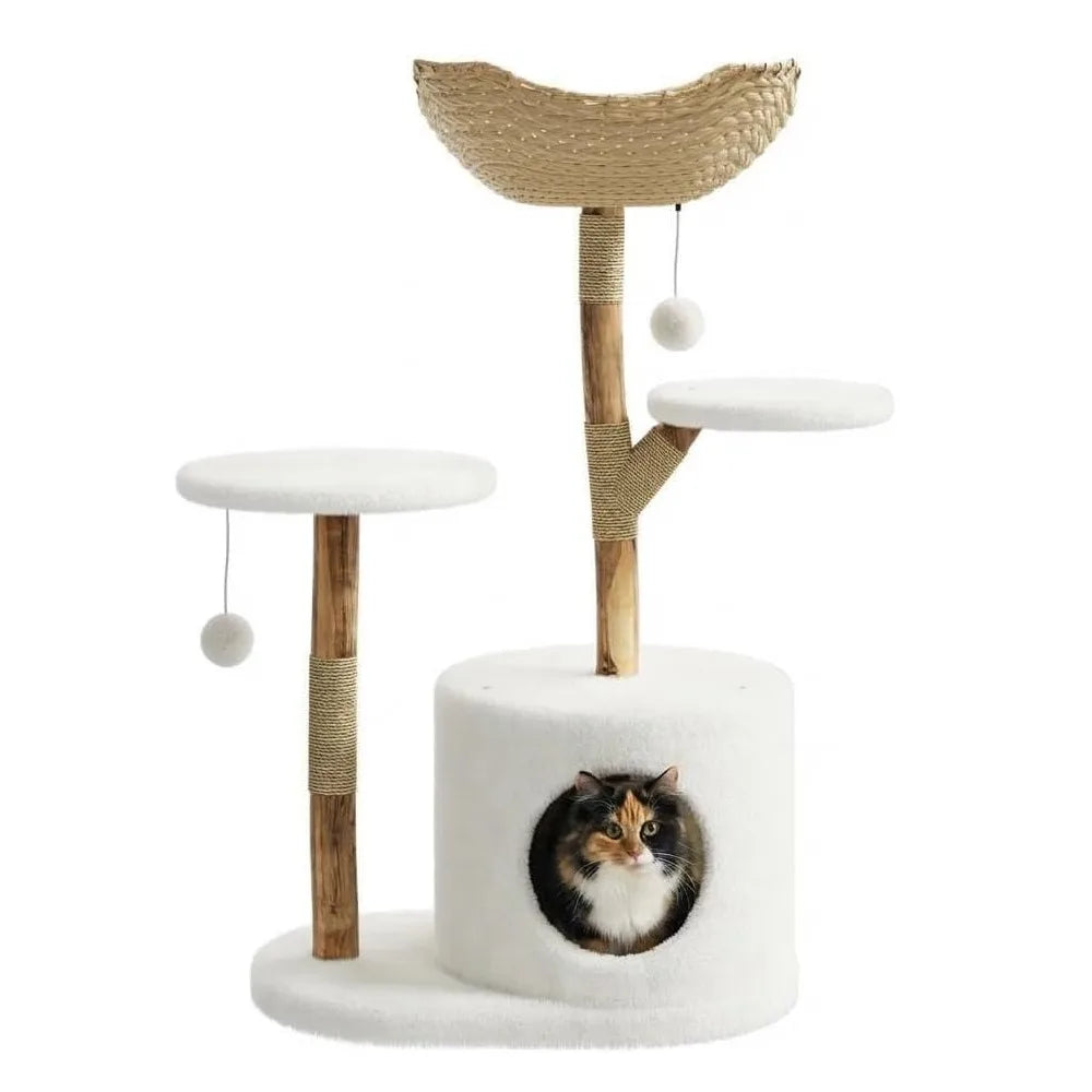 Indoor Wooden Cat Tree With Rattan Perches And Elevated Platforms