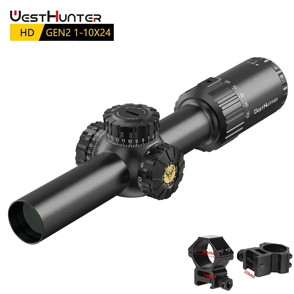 WestHunter HD GEN2 1-10X24 IR Compact Scope LPVO Optical Sights R/G Illumination 1/4MOA Reticle Hunting Riflescope
