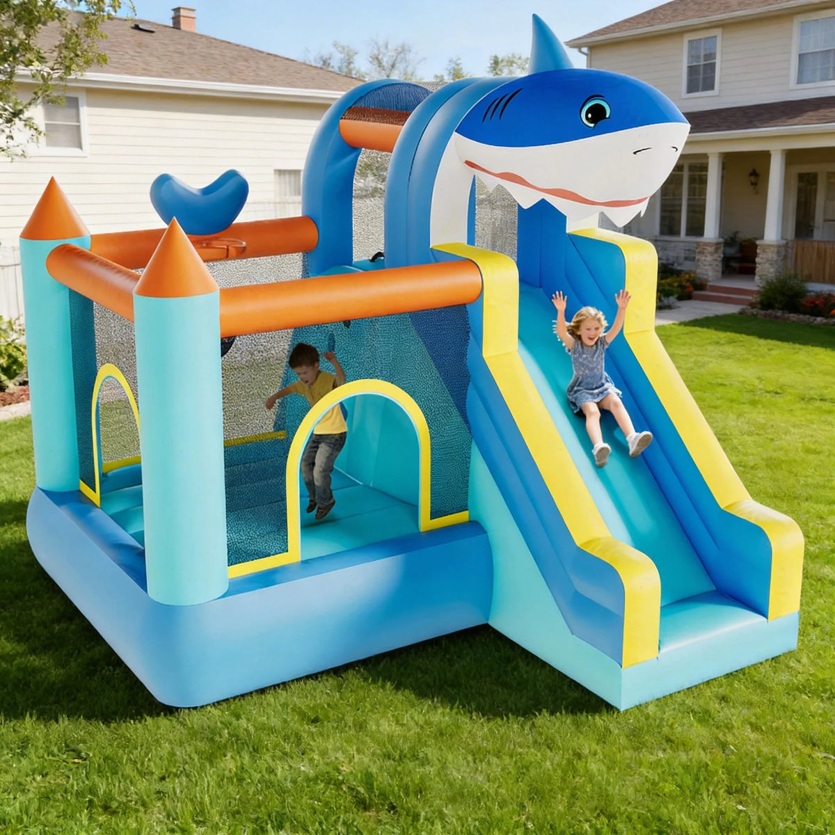 Inflatable Bounce House With Slide & Blower, Kids Bouncy Castle, Climbing Wall Basketball Hoop, Indoor Outdoor Backyard Play