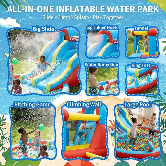 All-Season 8-in-1 Inflatable Water Park – Double Slides, Large Pool, Climbing Walls, 550W Blower Durable Oxford Material For Kids Indoor/Outdoor Bouncy Castle Playset