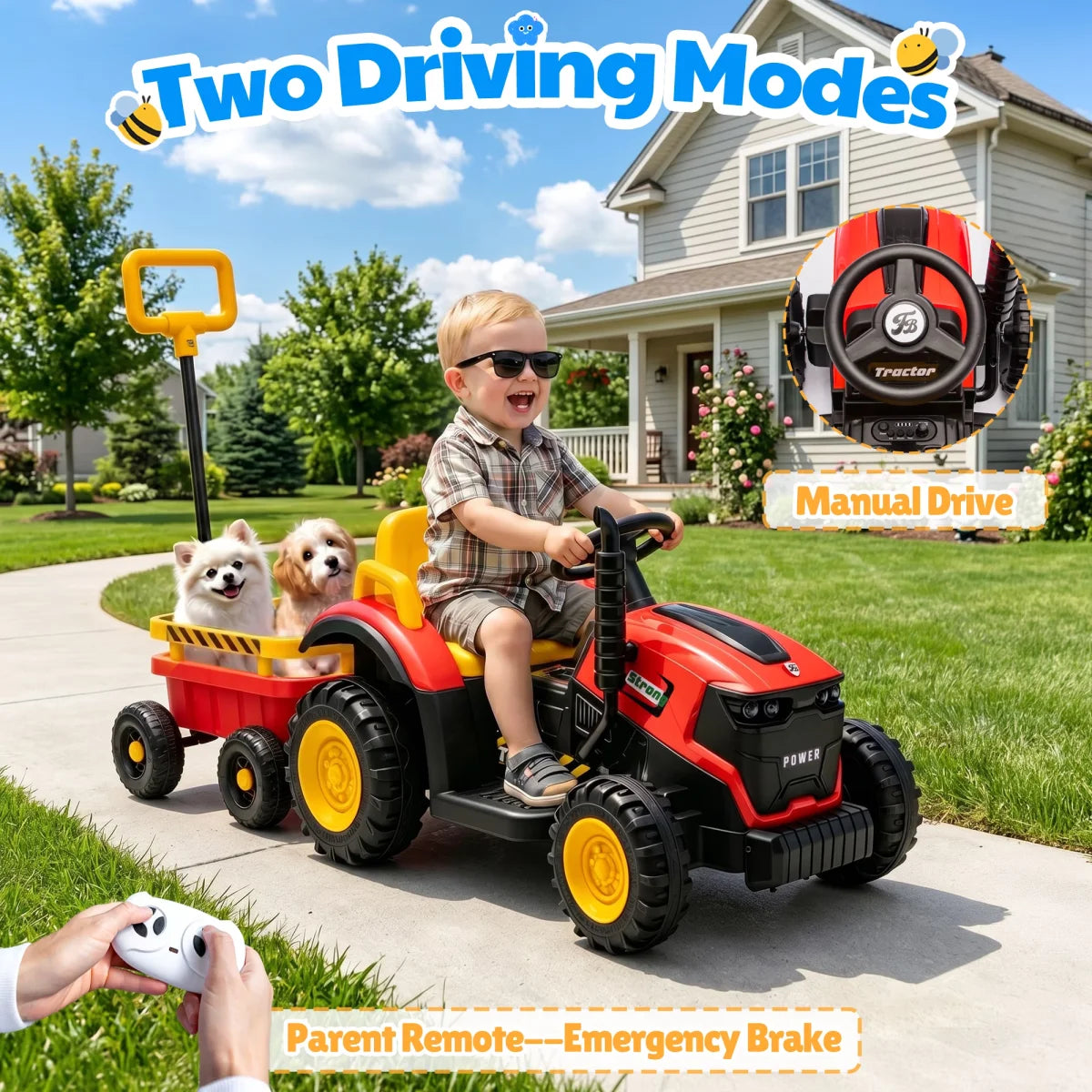 12V Kids Electric Ride On Tractor With Removable Trailer, Remote Control & Manual Drive 2 Modes, Bluetooth Music LED Light, Children Farm Ride‑on Car Toy Holiday Gift for Kids Boys Girls