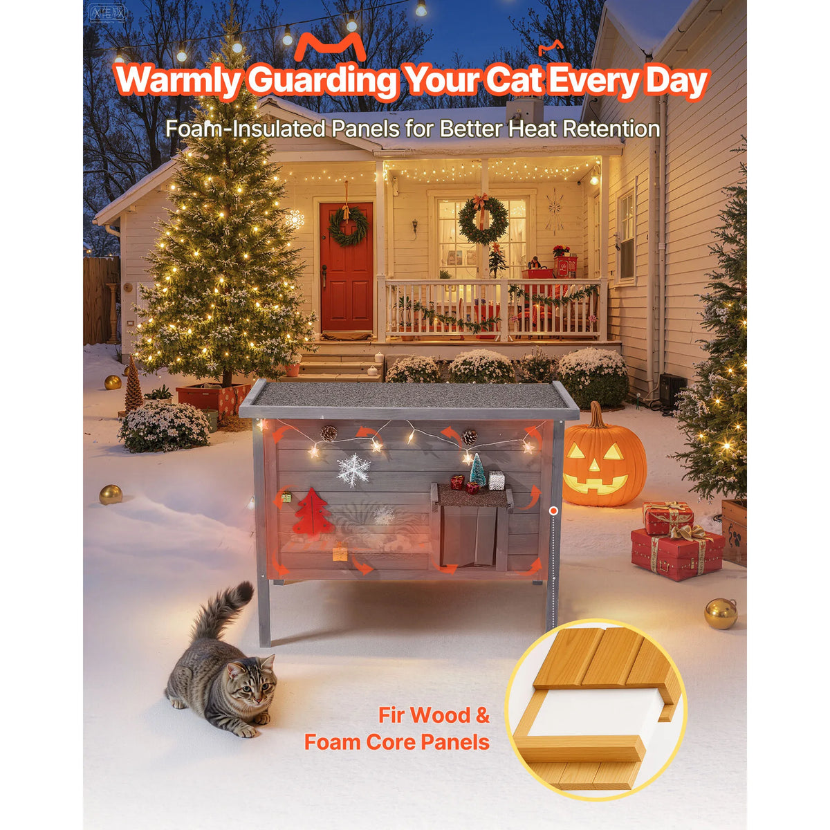 SucceBuy Heated Outdoor Wooden Cat House With Heating Pad