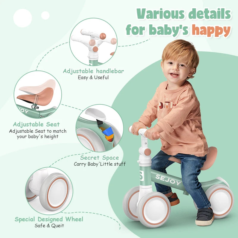 SEJOY Baby Balance Bike Ride Toy for Children,Pedal-free 4-Wheels Baby Toddler for 1-3 Year Lightweight Ride-on Walker for Boys Girls Birthday Gift