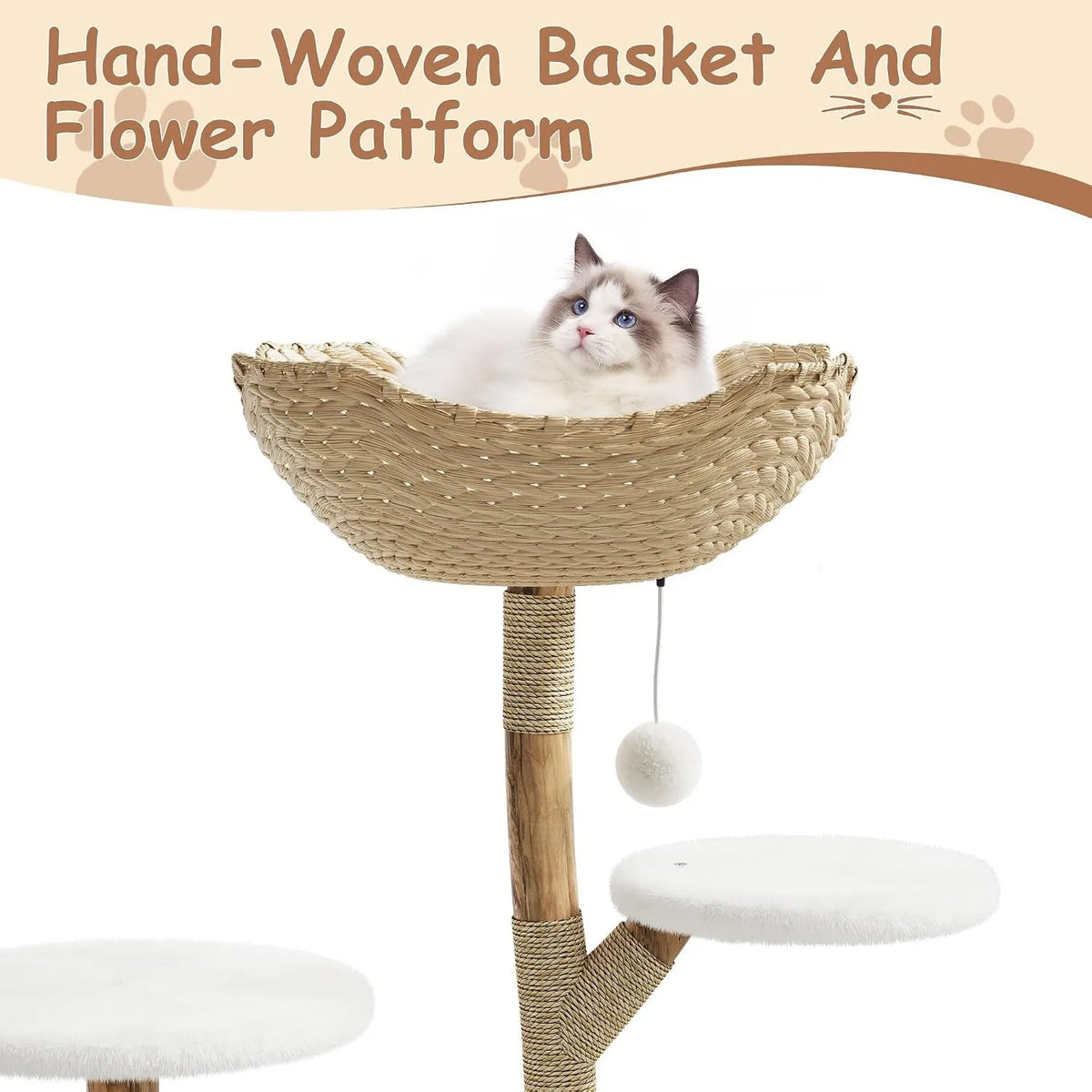 Indoor Wooden Cat Tree With Rattan Perches And Elevated Platforms