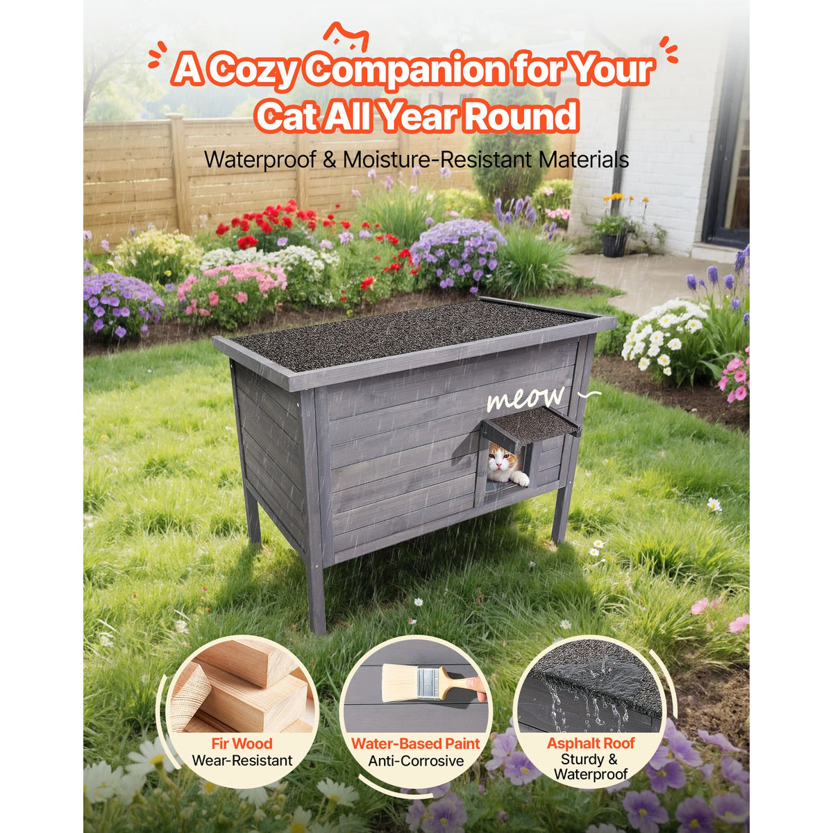 SucceBuy Heated Outdoor Wooden Cat House With Heating Pad