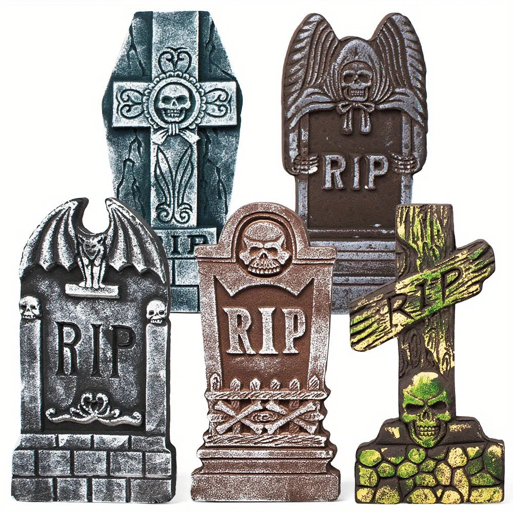 17'' Foam RIP Graveyard Tombstones Halloween Halloween Tombstones Outdoor Decorations for Graves Decorations with 12 Metal Stakes for Cemetery Yard Lawn Party Decor