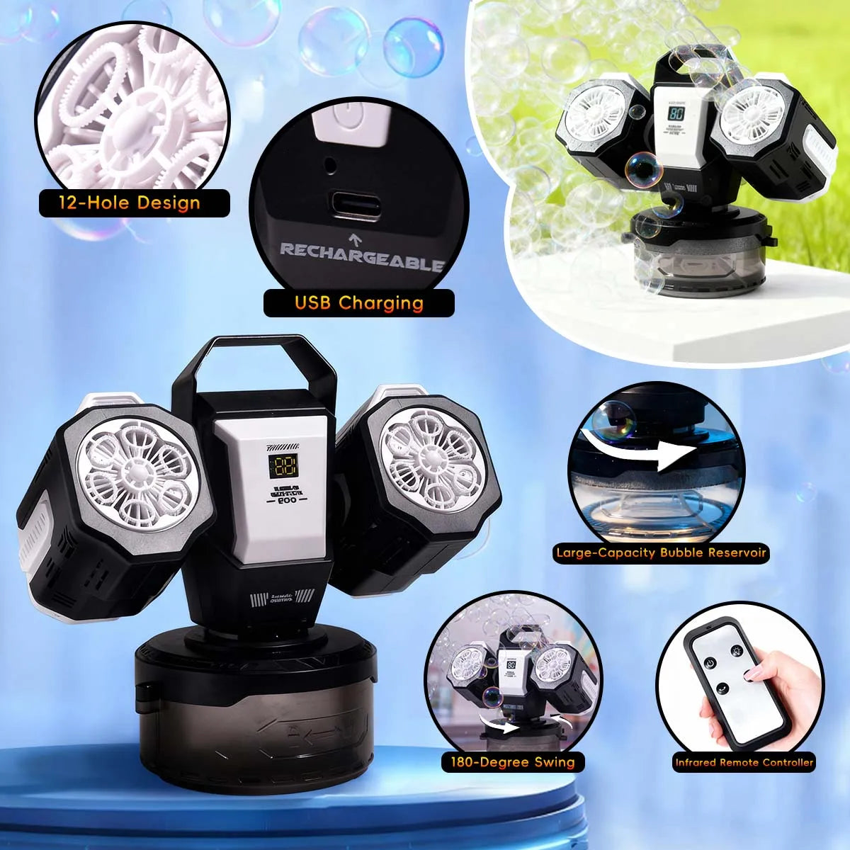 BELEMAR 2026 RC Rotating RGB Bubble Machine, Type-C Rechargeable, 30000 Bubbles/Min. Perfect for Weddings, Parties, Christmas, Halloween Presents