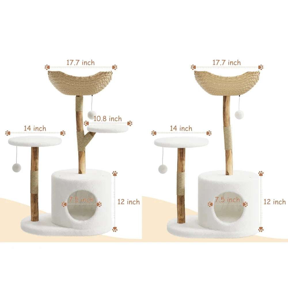 Indoor Wooden Cat Tree With Rattan Perches And Elevated Platforms