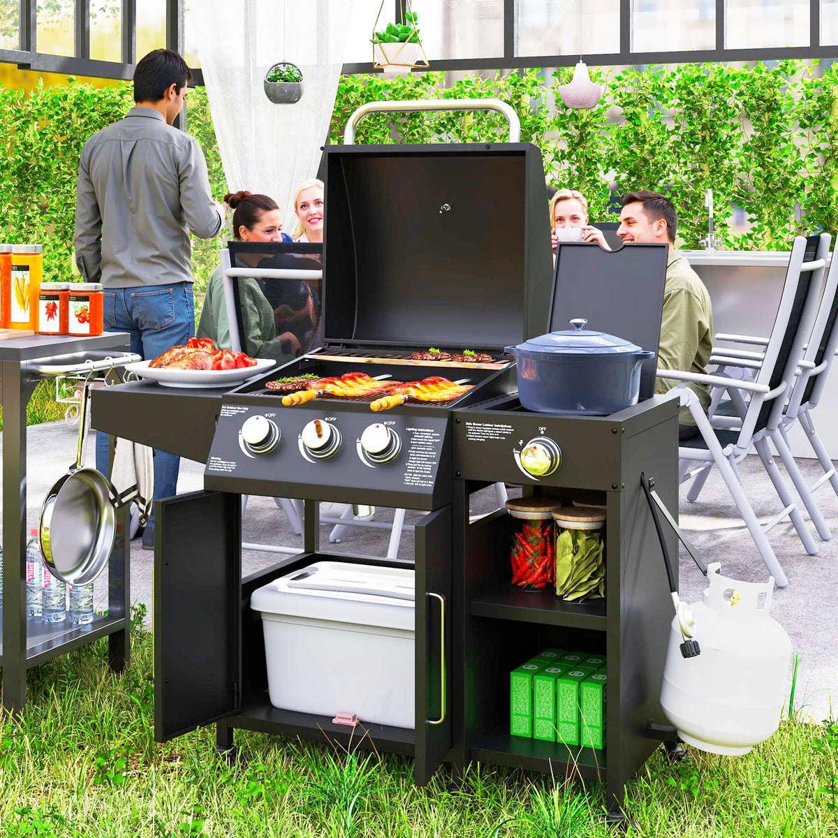 Outsunny 3 Burner Gas Grill With Side Burner And Shelves