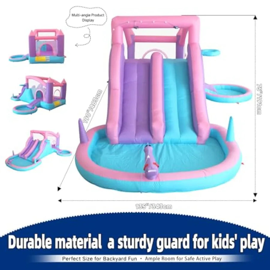 Backyard water park for kids ages 3-8: inflatable bounce house with 3 slides, splash pool, water cannon, ball pit, basketball h