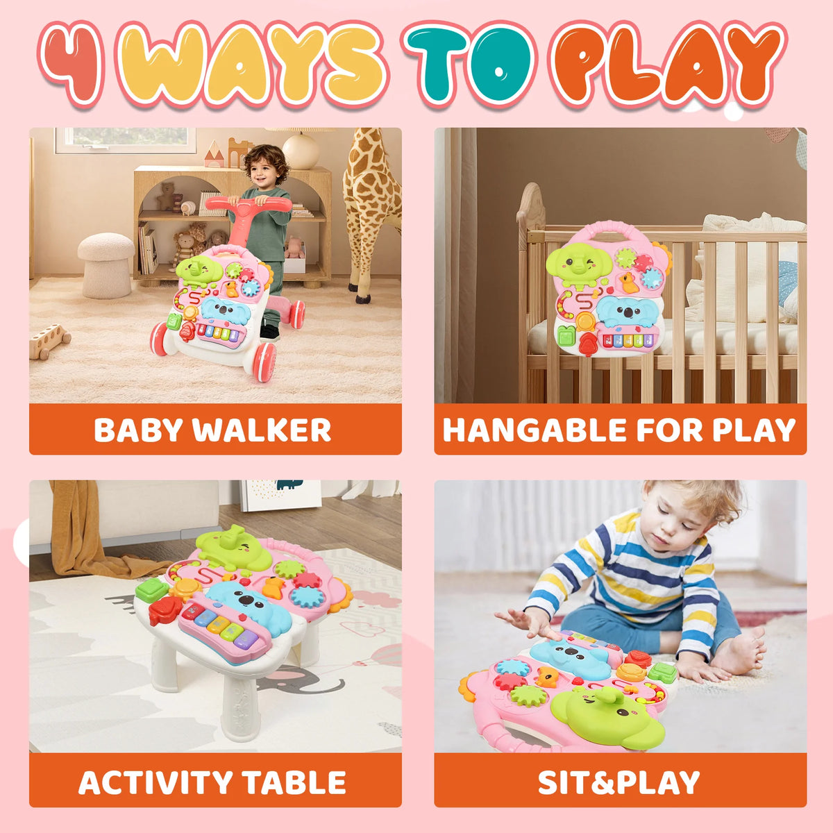 3-in-1 Multifunctional Scientific Early Learning Walking Cart, Toddler Assist Walking Interactive Push Toy with Soft Music, Adjustable Speed, Non-Slip Wheels & Educational Activity Center