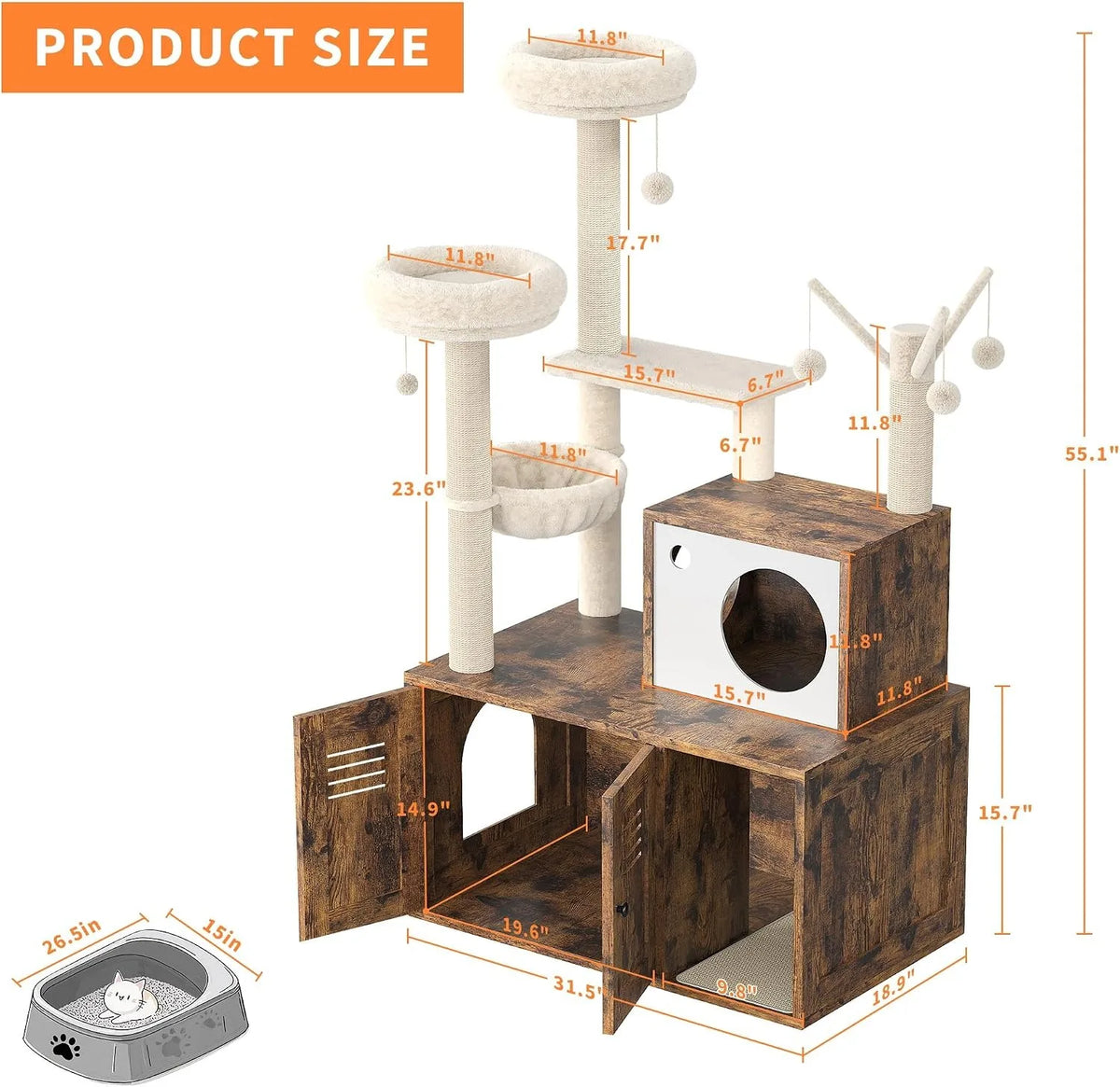 Modern Cat Tower With Integrated Litter Box Enclosure And Hammock