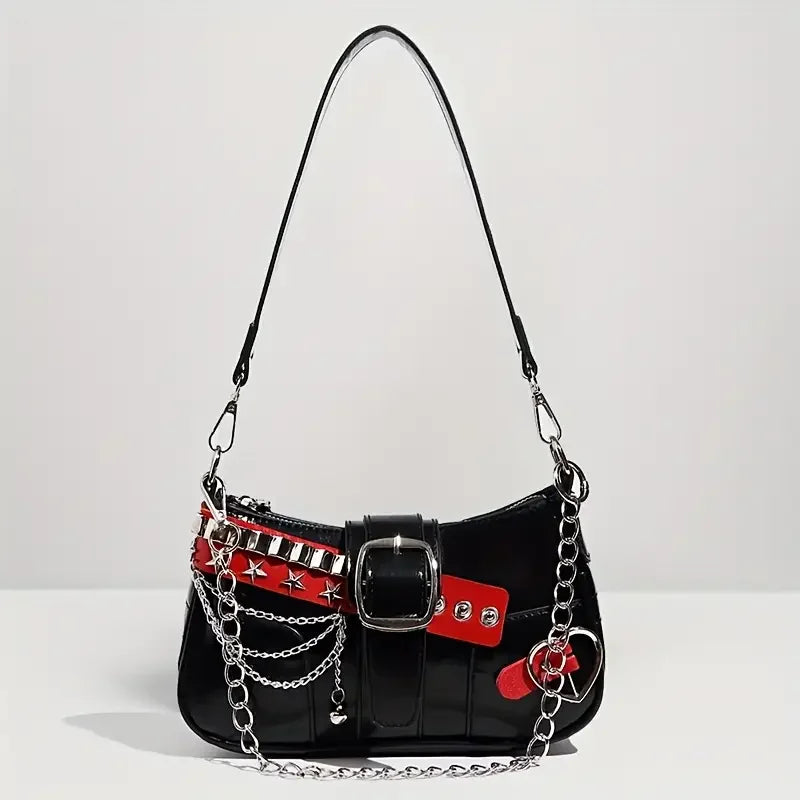 Punk Chain Rivet Underarm Shoulder Crossbody Handbag for Women