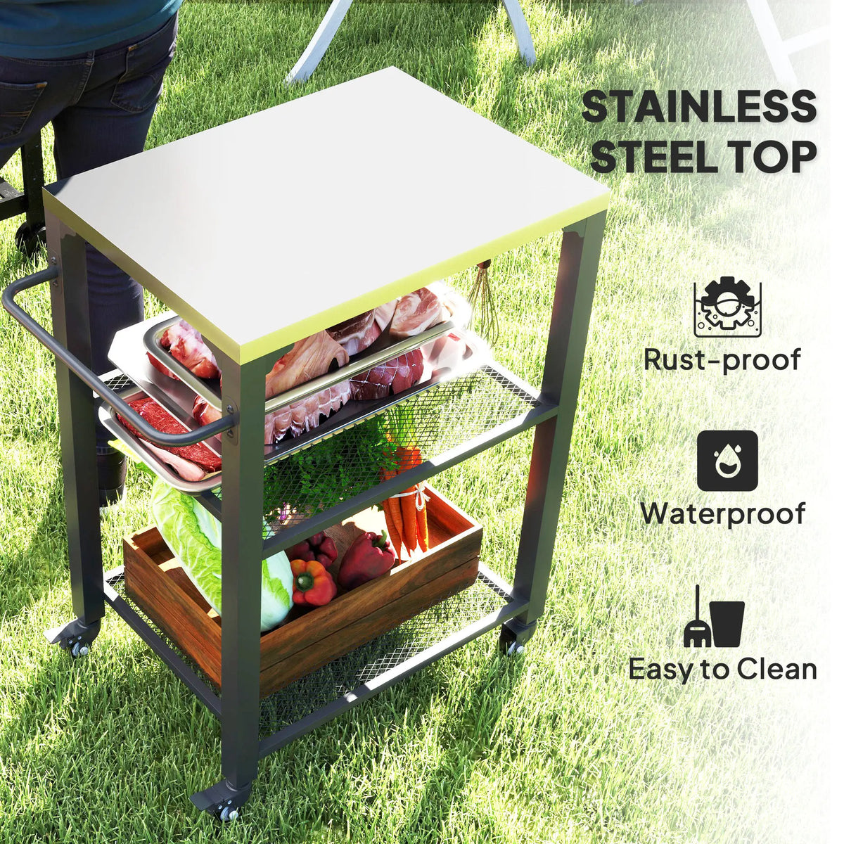 Outsunny Stainless Steel Outdoor Movable Grill Cart Food Prep Table